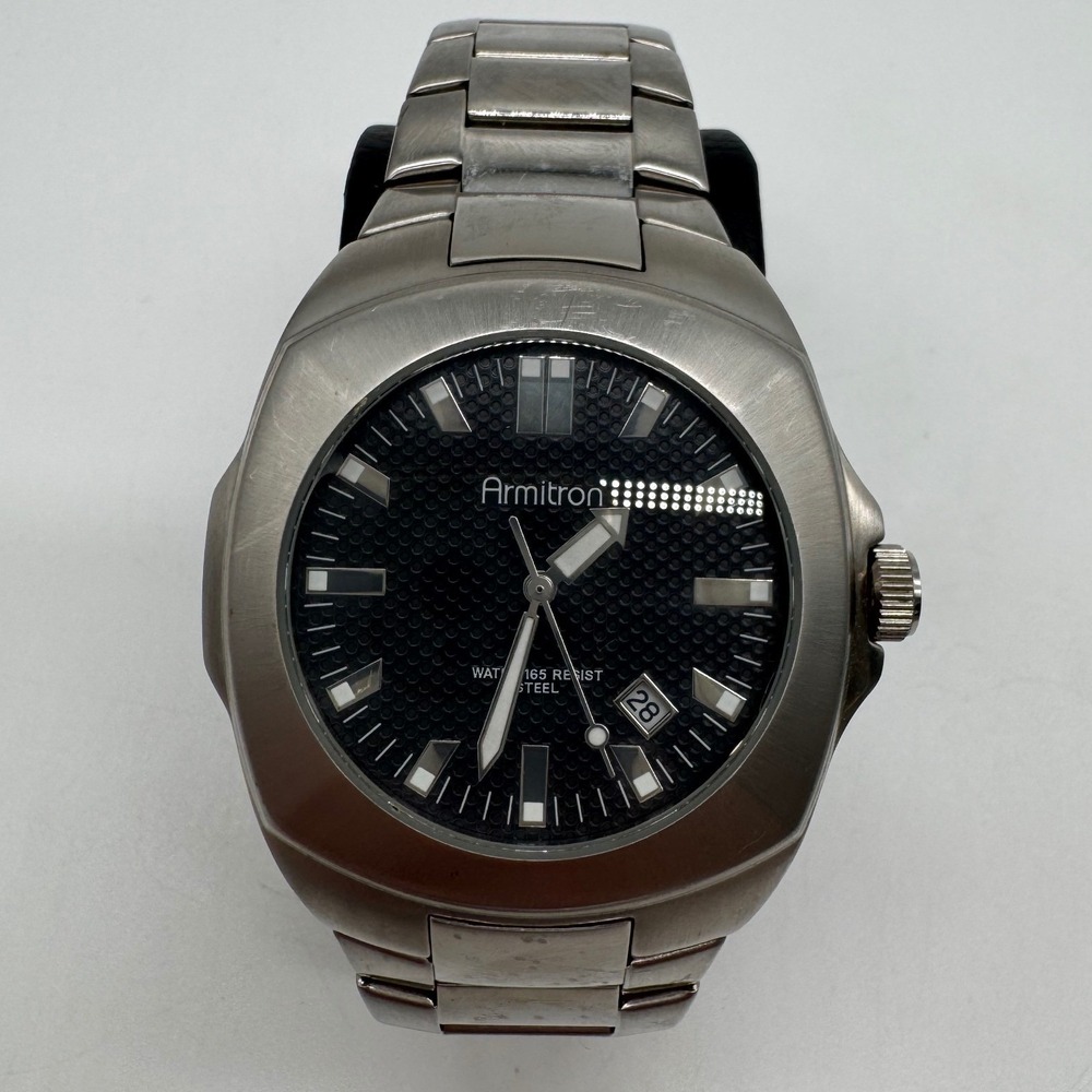 Armitron Mens Watch 20/4219SV Stainless Steel Black Dial Date 42mm NEEDS BAT